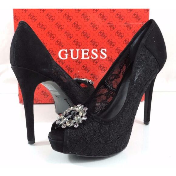 Guess Hotspot Platform Dress Pumps Heels Black Multi Fabric Size 10 - Picture 2 of 9